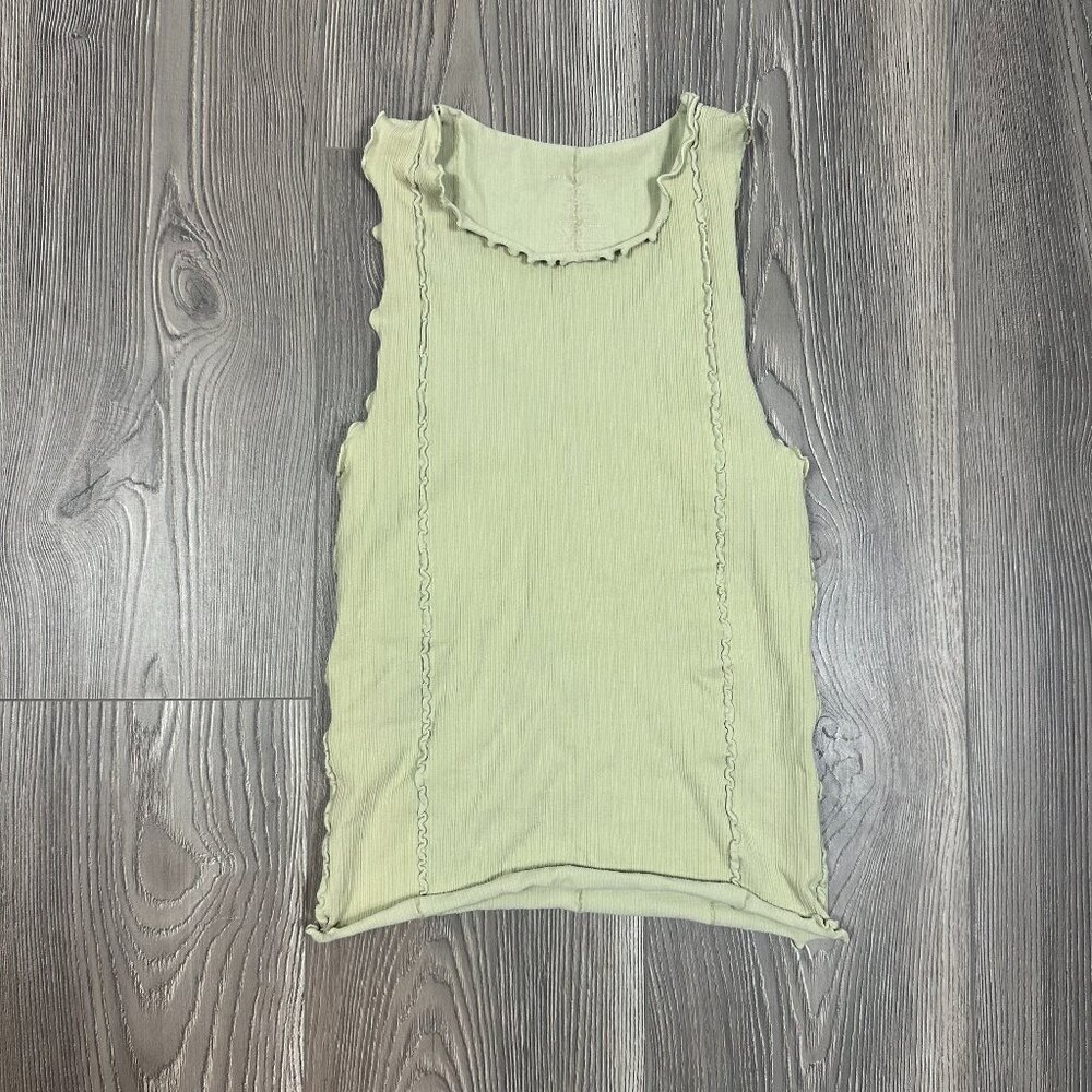 Free People Pale Green High Neck Tank Women’s M/L Lettuce Hem Stretchy Ribbed